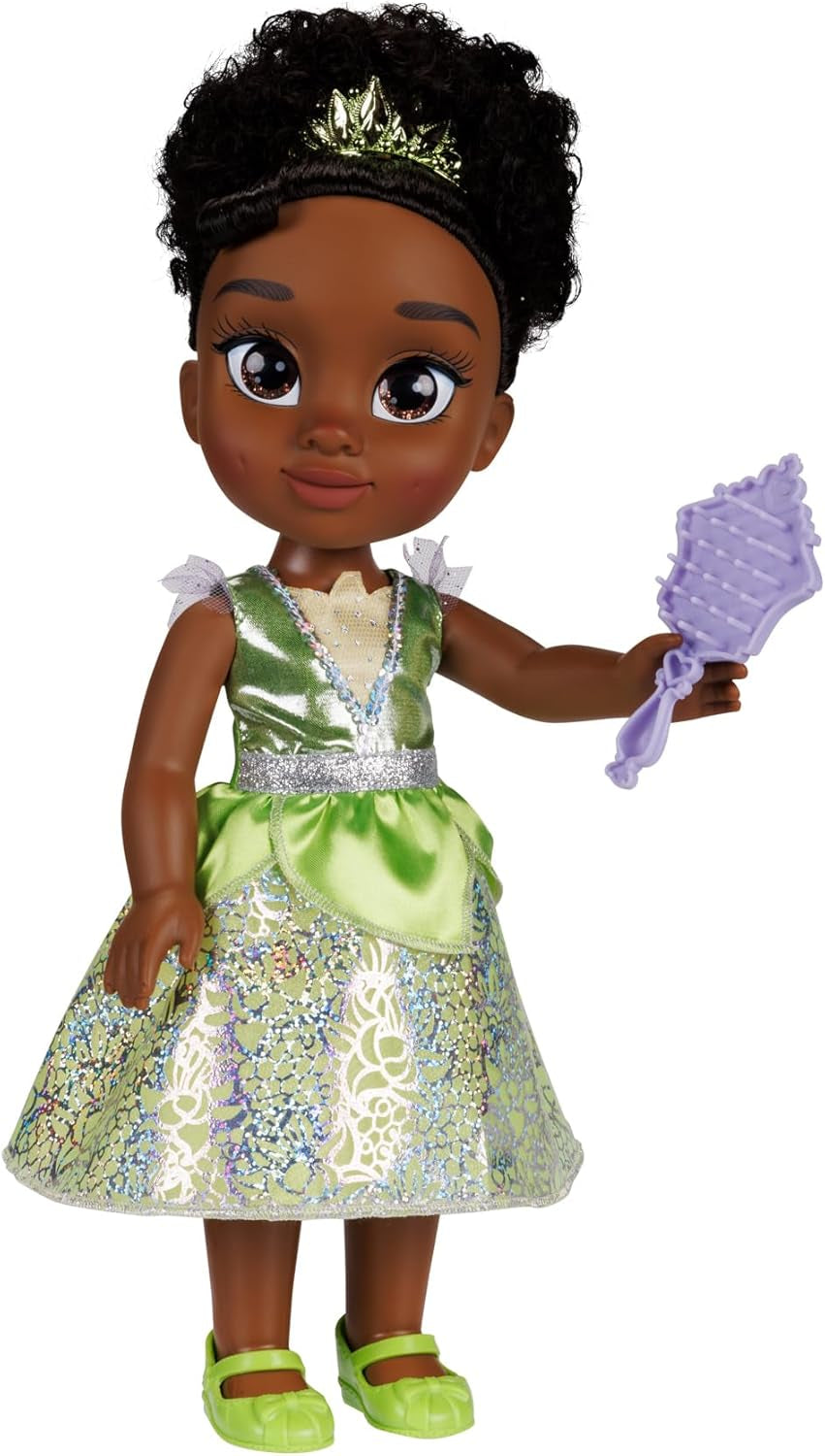 Disney Princess Rapunzel Puppe 35cm, reflektierende Glitzeraugen, bewegliche Gelenke, ausziehbares Kleid, Schuhe, Krone, langes Blondes Haar, für Mädchen ab 3 Jahren