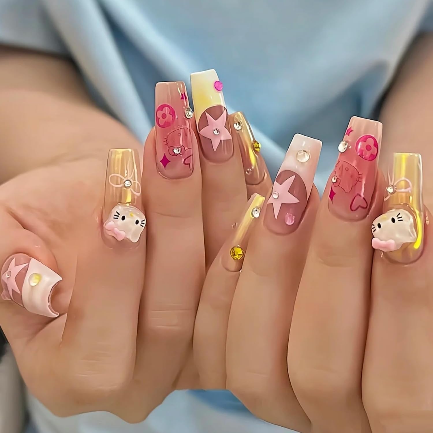 Talisoane 3D pentru unghii cu pisici, sclipici pentru unghii, paiete, talisoane pentru unghii din rășină, pietre prețioase pentru unghii, diamante pentru nail art, inclusiv stick de ceară pentru unghii cu strasuri (pisică colorată)