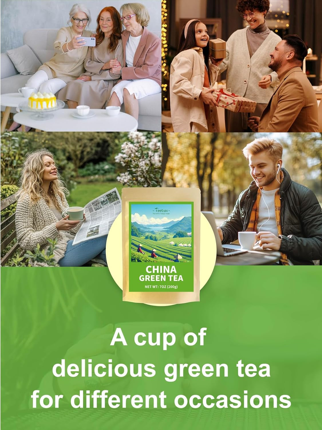 Ceai verde premium Teelux vrac 200 g din China, vegan, răcoritor, bogat în antioxidanți, ceai verde natural pur, frunze de ceai vrac