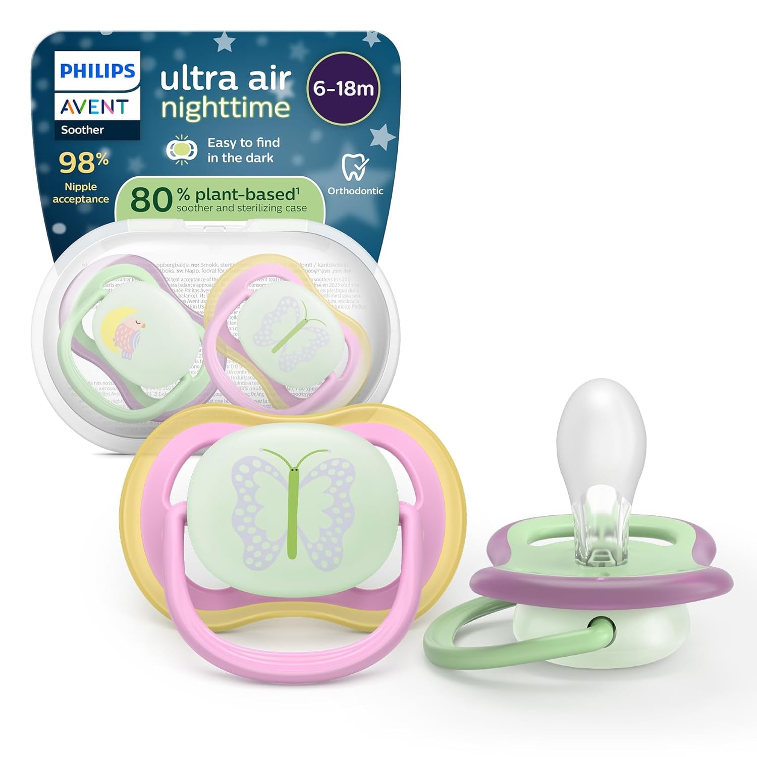Sucettes Philips AVENT ultra air - pack de 4 sucettes respirantes sans BPA pour bébés de 6 à 18 mois, comprenant étui de transport et stérilisation, motif tortue/baleine (modèle SCF085/66)