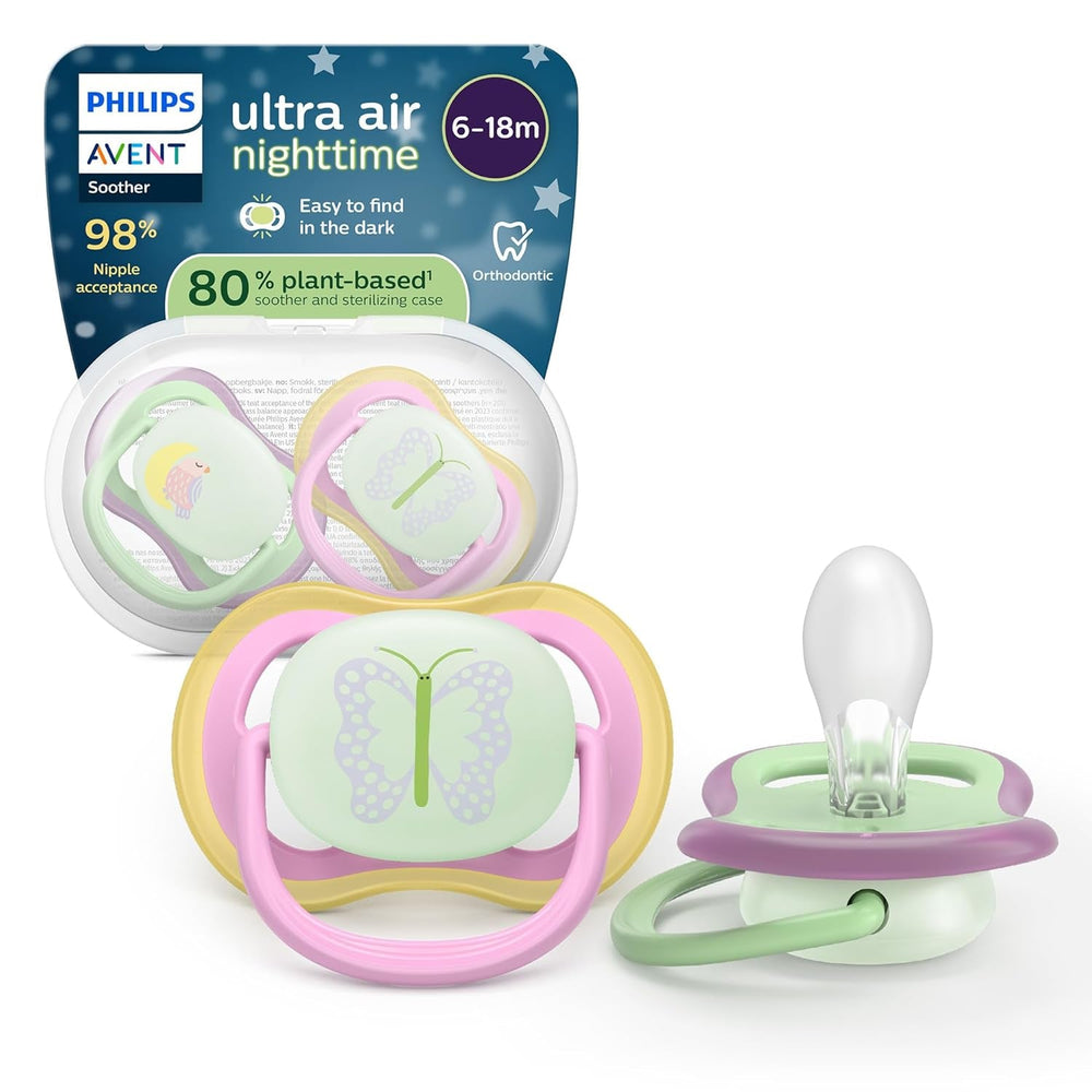 Sucettes Philips AVENT ultra air - pack de 4 sucettes respirantes sans BPA pour bébés de 6 à 18 mois, comprenant étui de transport et stérilisation, motif tortue/baleine (modèle SCF085/66)