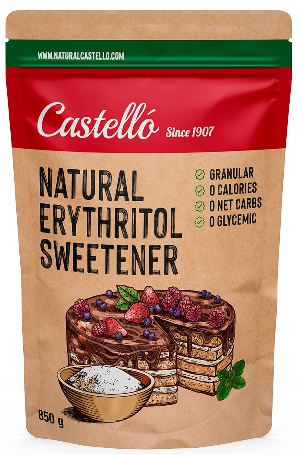 Natürliches Erythrit - Kristallzucker | 10G = 7G Zucker | Ingrédients naturels - 0 calories - 0 indice glycémique - Keto et Paleo - 0 netto-khlenhydrate - Kein GVO - Castello depuis 1907-1Kg édulcorants Naty Shop 850 G (1Er Pack)