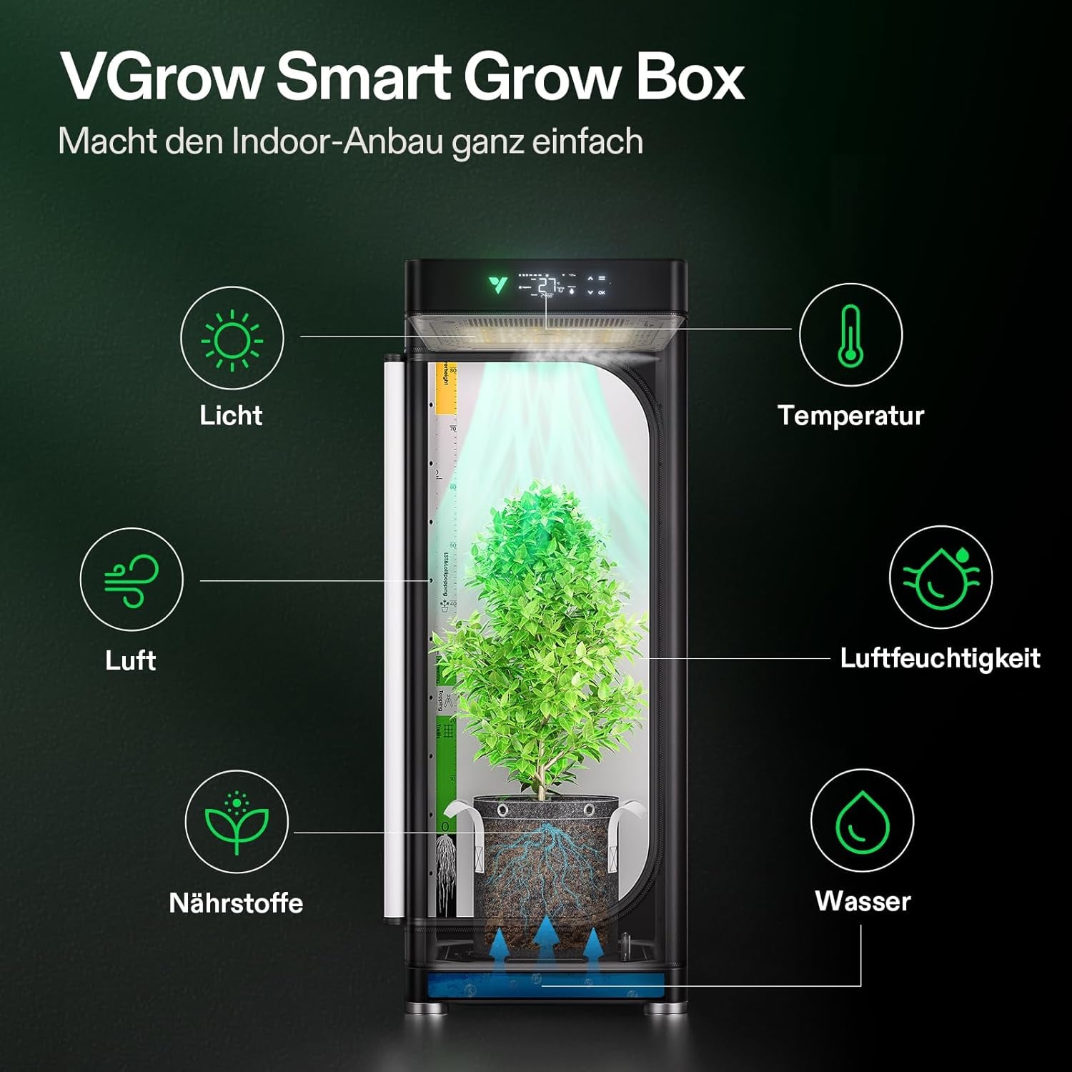 VGrow Boîte de culture intelligente tout-en-un, système professionnel avec lampe de culture Samsung LM301H EVO, système avancé de circulation et de ventilation, irrigation, apport de nutriments pour la culture hydroponique intérieure