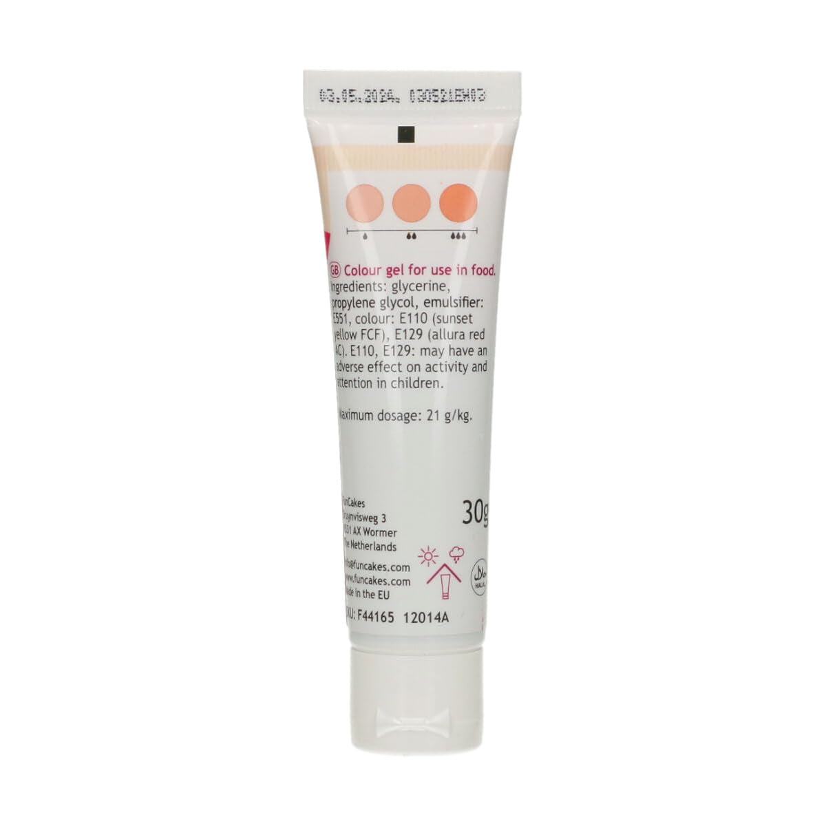 Colorant alimentaire Funcakes Peach Gel : Colorant alimentaire très concentré pour pâte, crème, fondant et pâte d'amande. Dosage facile. Une seule goutte pour créer des couleurs vibrantes. Halal. 30g.