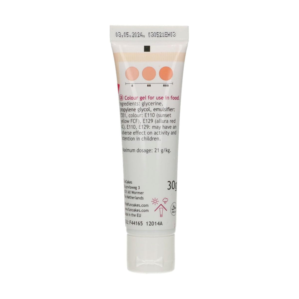Colorant alimentaire Funcakes Peach Gel : Colorant alimentaire très concentré pour pâte, crème, fondant et pâte d'amande. Dosage facile. Une seule goutte pour créer des couleurs vibrantes. Halal. 30g.