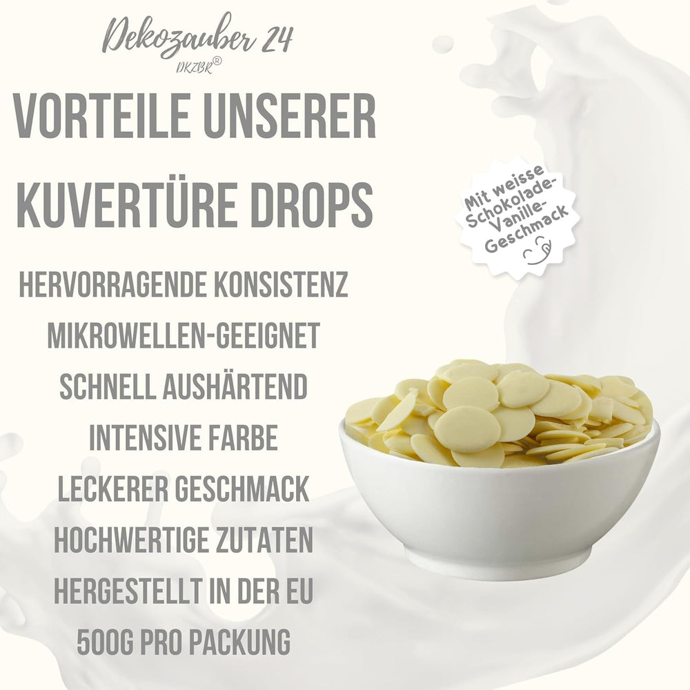 Gouttes de couverture Dekozauber24, blanches, 500g, au goût chocolat blanc et vanille, chips Deco Melts, passent au micro-ondes, pour cake pops, gâteaux, tartelettes, dripping ou glaçage Naty Shop Pâte à sucre