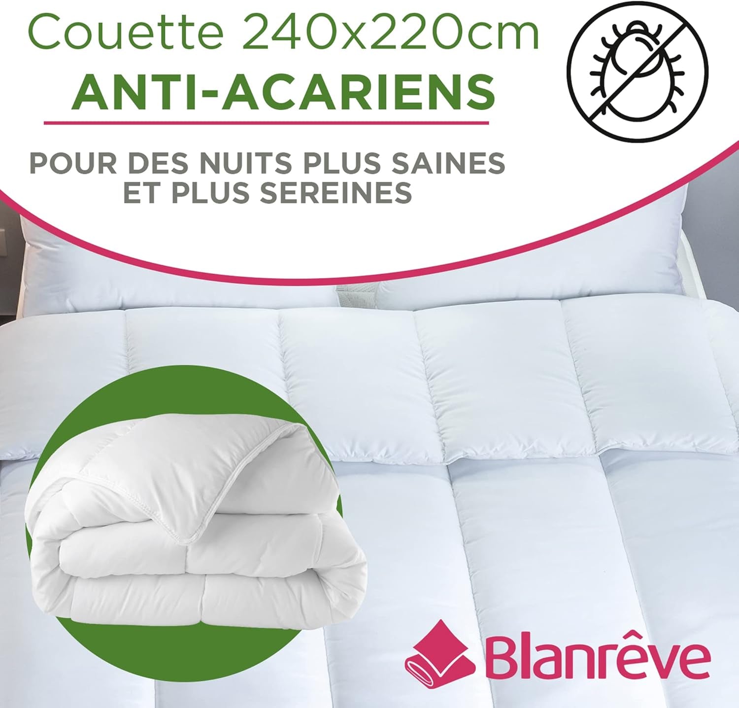 Couette Sérénité - Traitement anti-acariens - Trempé 300 G/M² - 240 X 220 Cm - Pour lit double - Lavable en machine, blanc Couettes et couettes Naty Shop