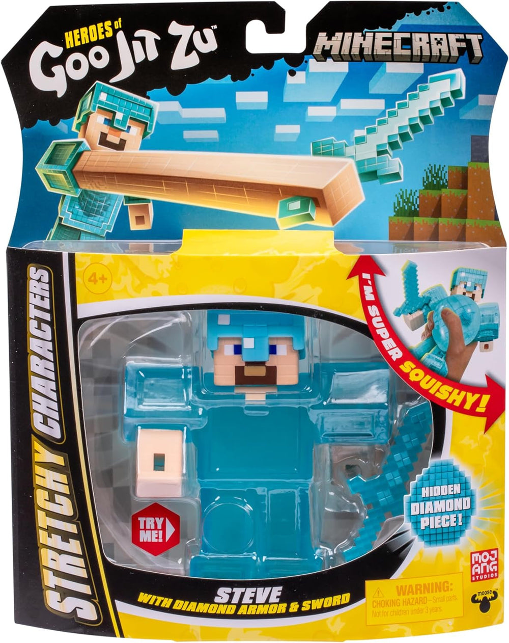 Heroes of Goo Jit Zu - Figurine Minecraft extensible - Steve avec armure et épée en diamant, remplissage Goo super extensible avec élément de diamant caché à l'intérieur, s'étend jusqu'à 3 figurines d'action de taille Naty Shop