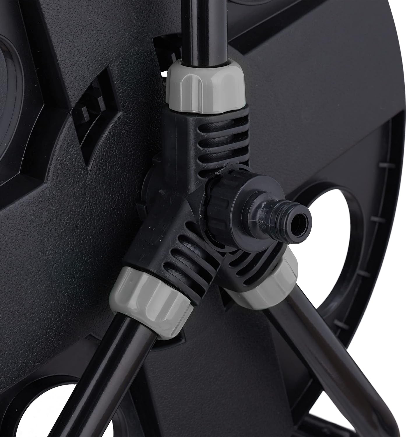 Enrouleur de tuyau Relaxdays, pour tuyau 30 m 1/2", acier, plastique, support de tuyau, HL : 38 x 42 x 31 cm, noir/gris