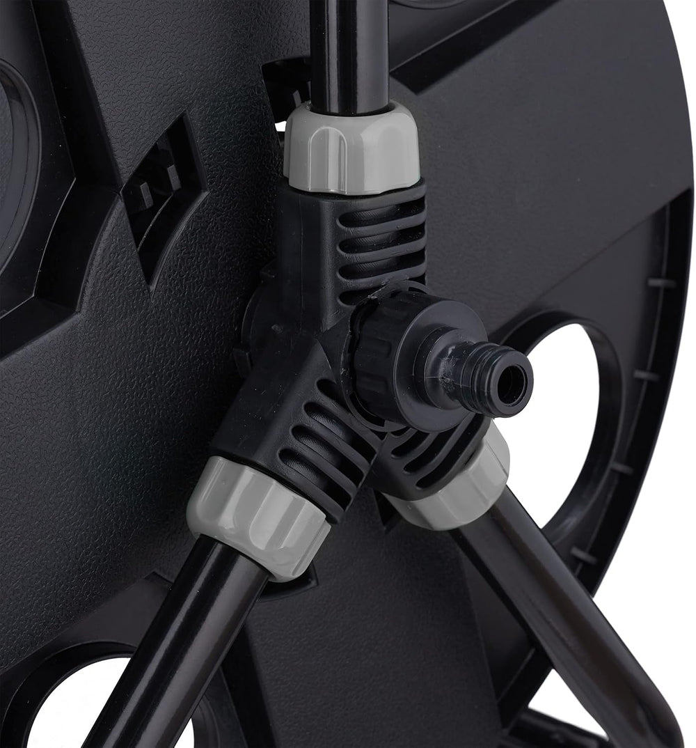 Enrouleur de tuyau Relaxdays, pour tuyau 30 m 1/2", acier, plastique, support de tuyau, HL : 38 x 42 x 31 cm, noir/gris