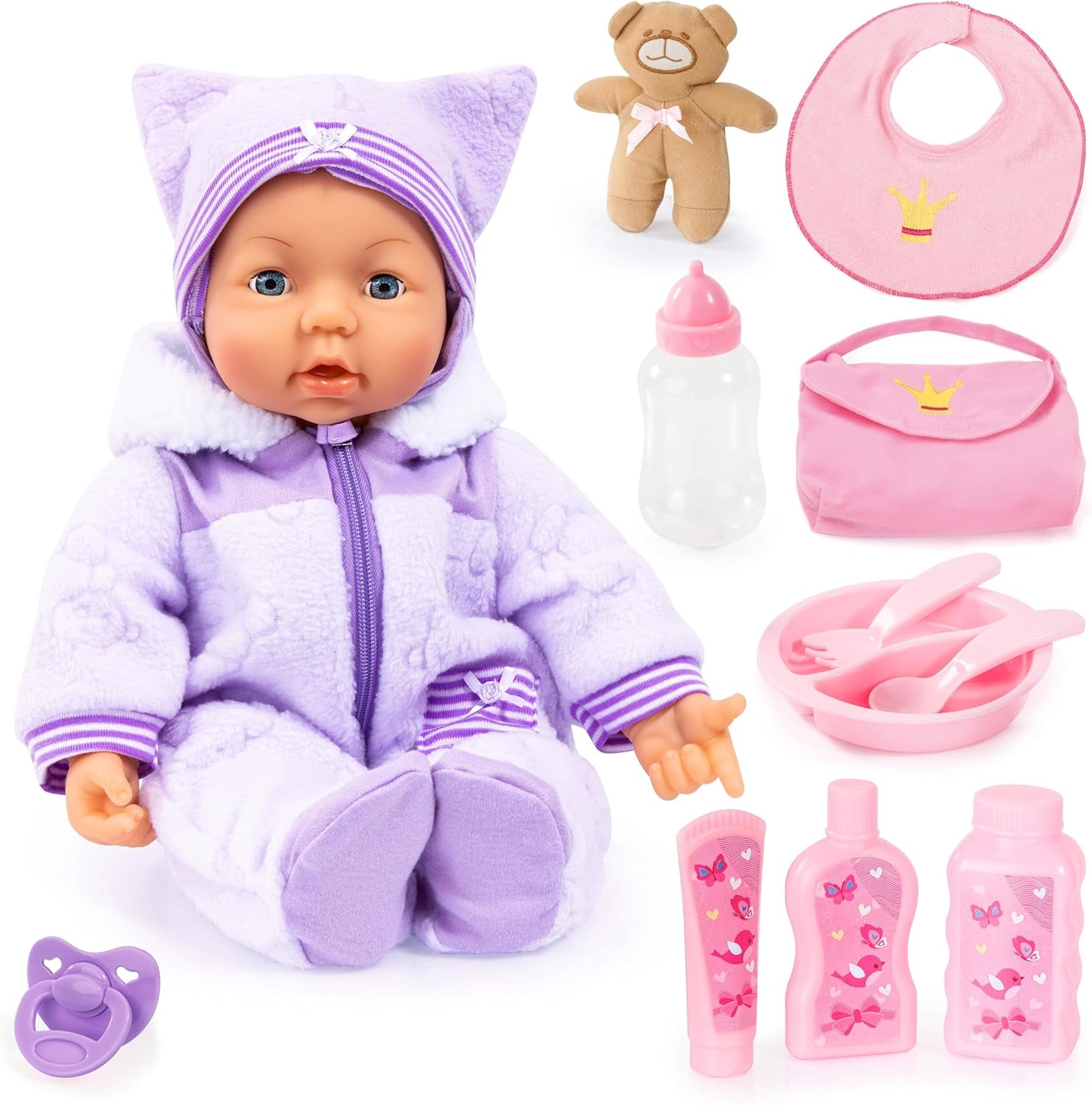 Bayer Design 94694AG 94694AA, poupée fonctionnelle, poupée interactive Piccolina Magic Eyes, bouge la bouche, cligne et ferme les yeux, parle, violet, 46 cm