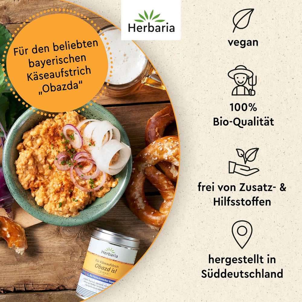 Herbaria Obazd l'est ! bio 90g M-Dose – Bio-Gewürzmischung bayerischen Biergartenklassiker Obazda – pour Brotaufstriche, Käsegerichte, Käsefondue – Raclette Gewürz - dans nachhaltiger Aromaschutz-Dose