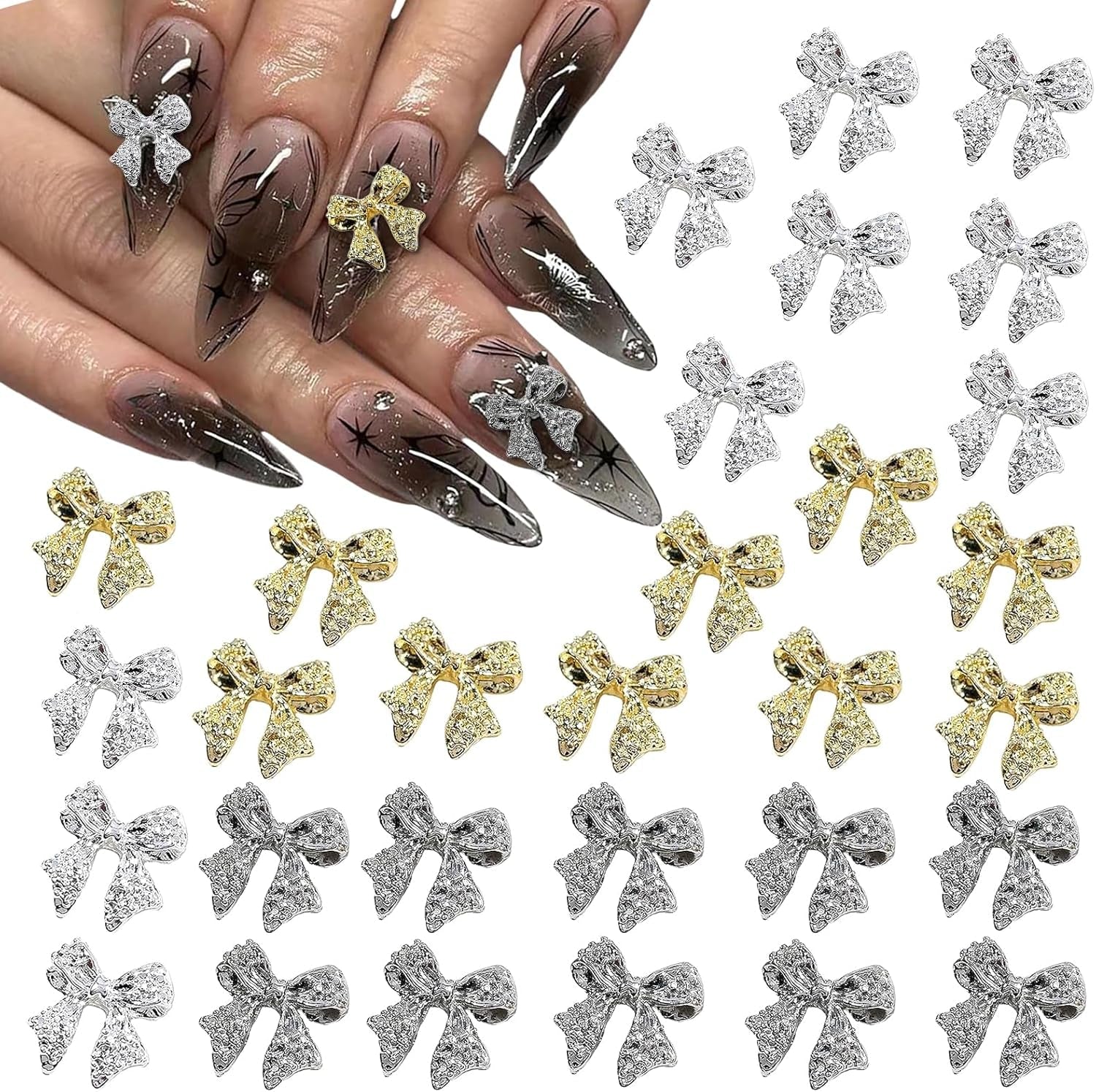 Nœuds à ongles en métal, 30 pièces, nœuds gris or argent, accessoires pour ongles, décorations d'ongles pour femmes et filles, Design Nail Art