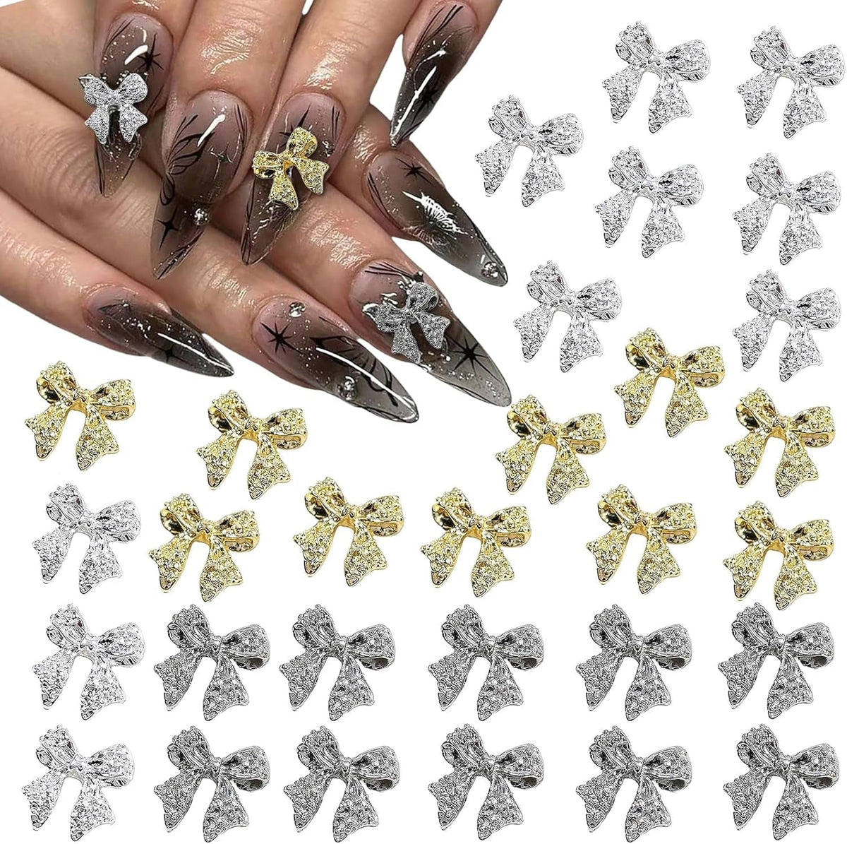 Nœuds à ongles en métal, 30 pièces, nœuds gris or argent, accessoires pour ongles, décorations d'ongles pour femmes et filles, Design Nail Art