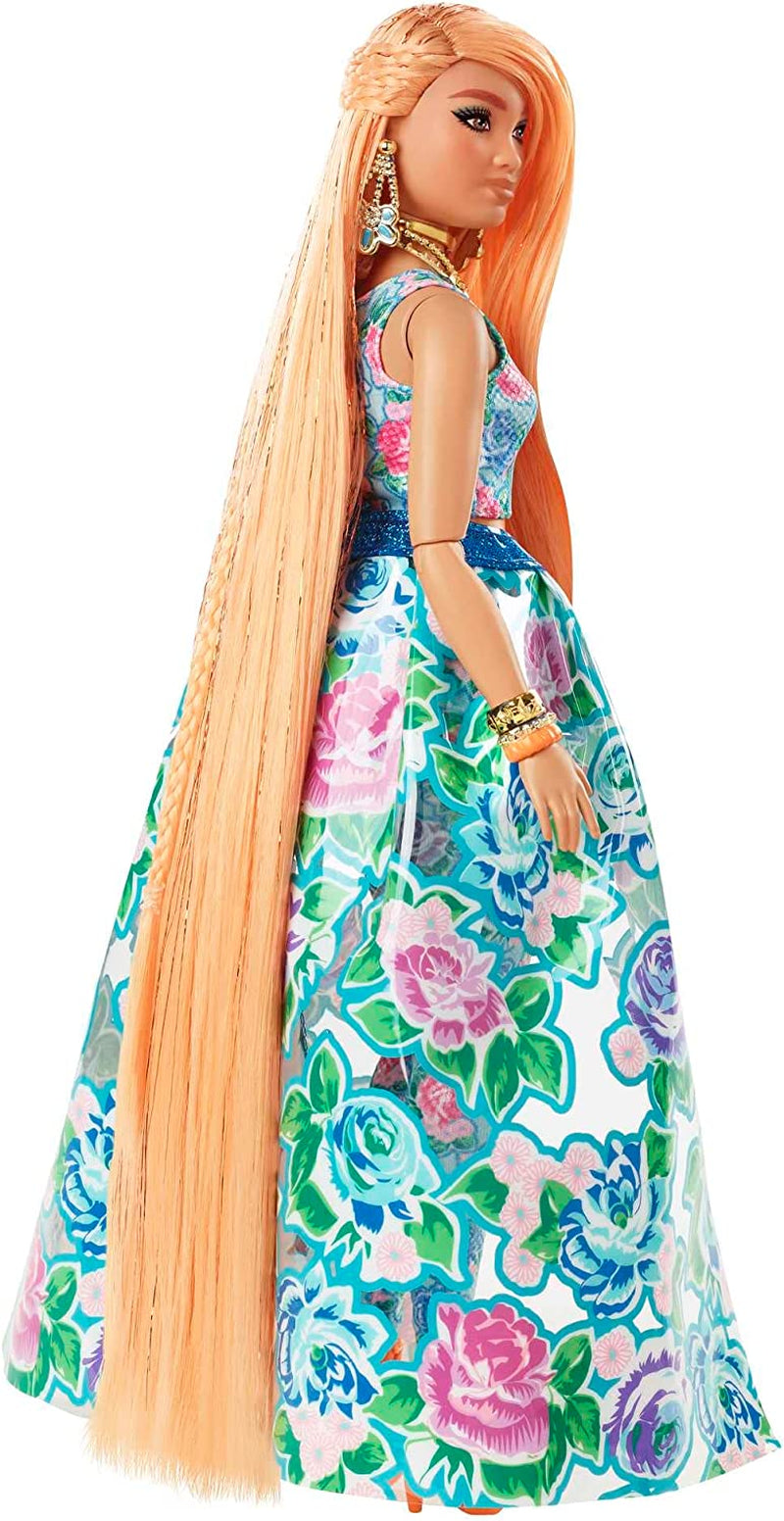 Barbie Extra Fancy, kurvige Langen erdbeerblonden Haaren, zweiteiliges Outfit, Blaue Katze, rosa Handtasche, Ananas-Sonnenbrille, inkl Puppe, als Geschenk geeignet,HHN14