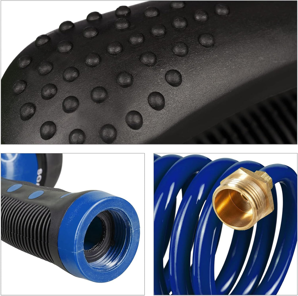 Furtun spiralat Relaxdays, extensibil până la 10 m, furtun flexibil de grădină cu pulverizator de apă, 7 modele de pulverizare, albastru, 25 x 52 x 15 cm