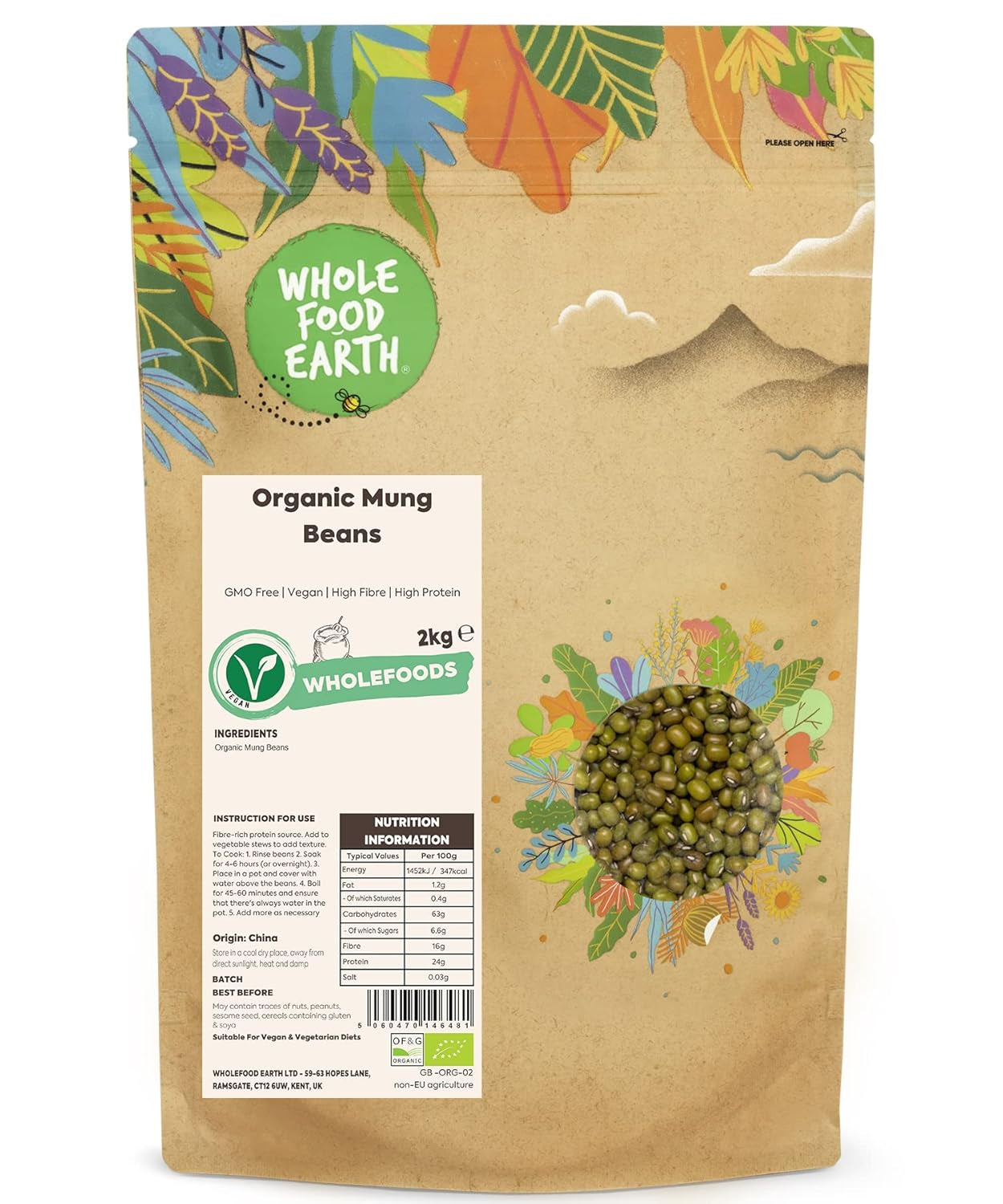 Haricots mungo biologiques Wholefood Earth 2 kg | Sans OGM | Végétalien | Riche en fibres | Riche en protéines | Certifié biologique