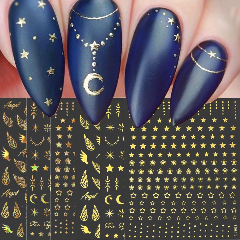 feuilles d’autocollants d’ongles étoile et lune dorées, ailes d’ange, autocollants d’ongles en or beige, étoiles, feuille d’ongles, autocollants d’ongles, accessoires de conception d’ongles, autocollants d’ongles