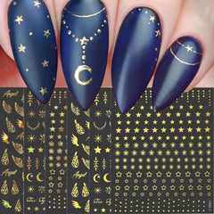 feuilles d’autocollants d’ongles étoile et lune dorées, ailes d’ange, autocollants d’ongles en or beige, étoiles, feuille d’ongles, autocollants d’ongles, accessoires de conception d’ongles, autocollants d’ongles
