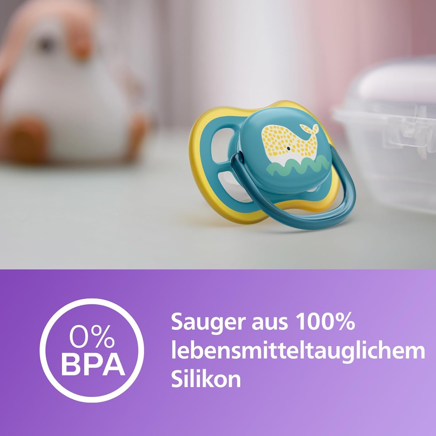 Sucette Philips Avent Ultra Air - lot de 2 sucettes respirantes sans BPA pour bébés à partir de 18 mois, comprenant étui de transport et stérilisation, Baleine/Baleine (Modèle SCF349/24)
