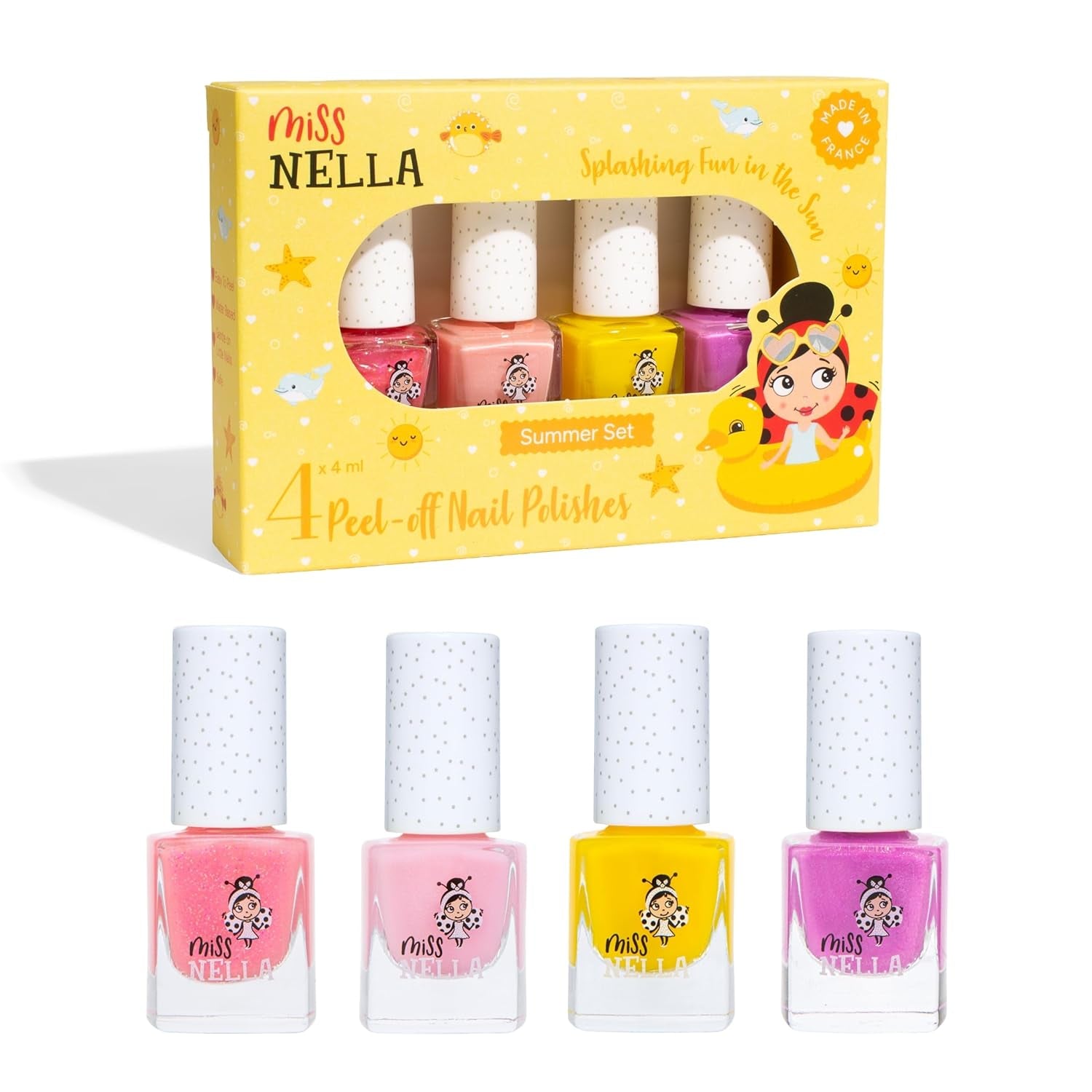 Miss Nella Magic Collection Lot de 4 vernis à ongles pailletés : rose, rouge, or et bleu, vernis à ongles amovible spécial enfants, non toxique, à base d'eau, sans odeur
