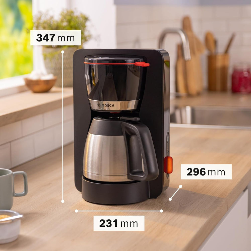 Bosch MyMoment TKA6M273 Machine à expresso à filtre, carafe thermique 1 L, 8-12 tasses, système anti-goutte, porte-filtre rotatif, programme de détartrage, réservoir d'eau amovible, 1200 W, noir mat