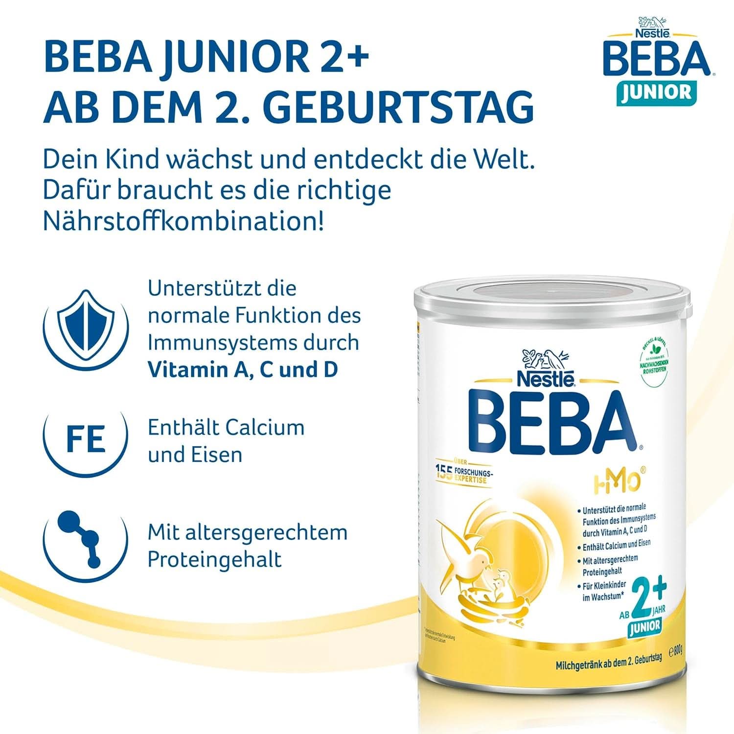 Nestlé BEBA Junior 2+, à partir du 2ème anniversaire, nourriture pour bébé avec HMO 2'-FL, uniquement du lactose, sans huile de palme, pack 3 (3 x 800g) Mère et Bébé Naty Shop