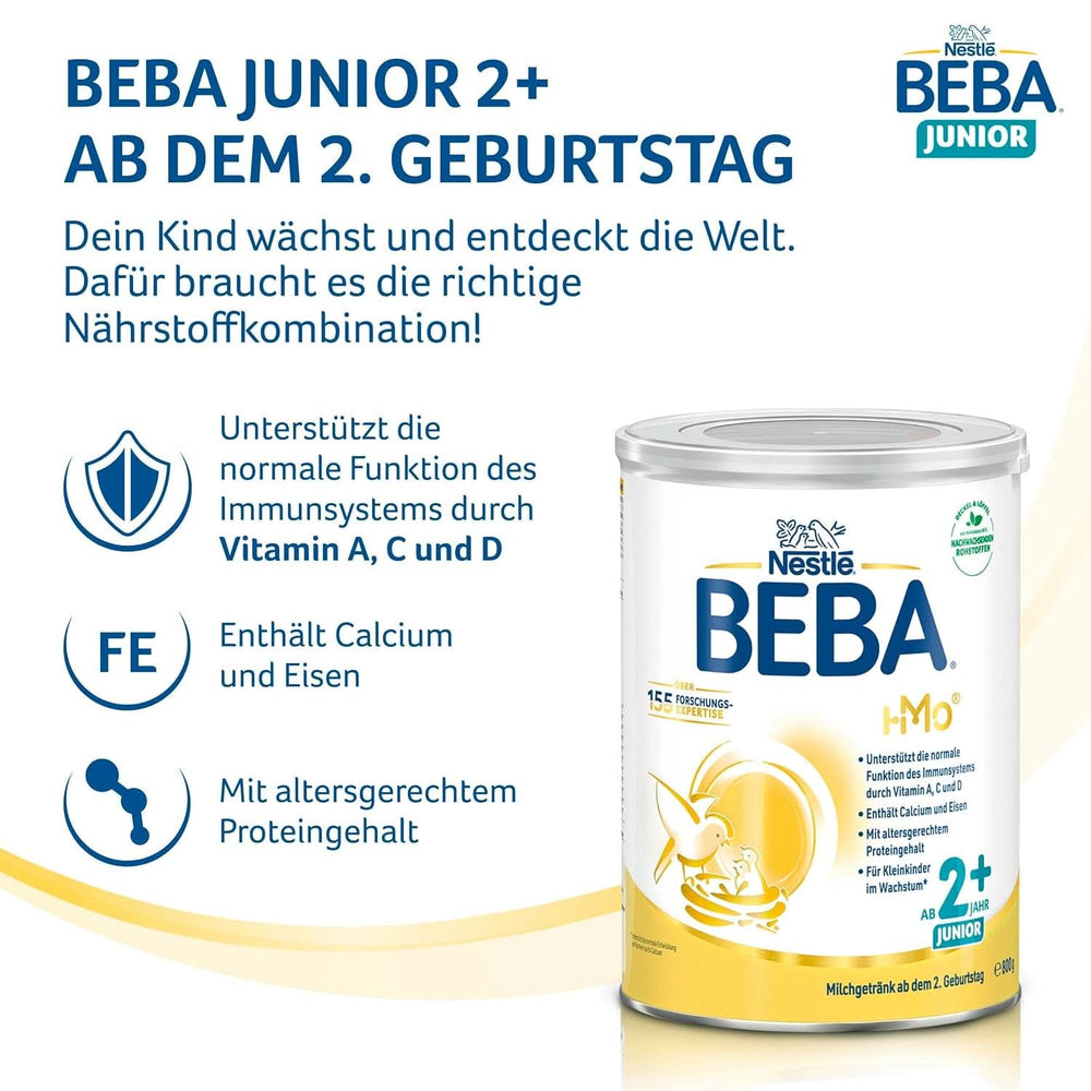 Nestlé BEBA Junior 2+, à partir du 2ème anniversaire, nourriture pour bébé avec HMO 2'-FL, uniquement du lactose, sans huile de palme, pack 3 (3 x 800g) Mère et Bébé Naty Shop
