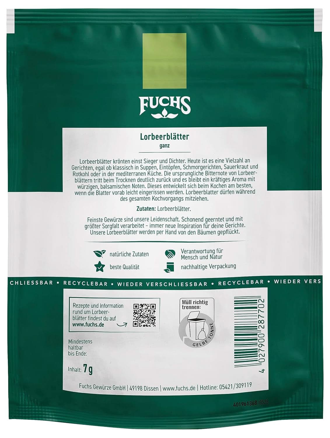 Fuchs - Feuilles de laurier dans un sachet refermable et recyclable - à base d'ingrédients naturels - 7 grammes Condiments Naty Shop
