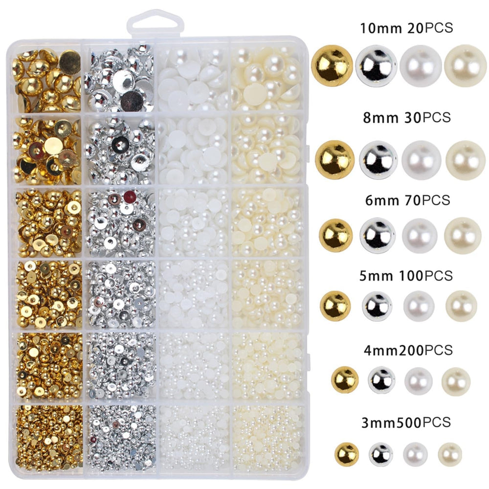 GZMAYUEN 920 pièces perles à dos plat or argent pour ongles, perles à ongles demi-brun blanc beige, petites perles à dos plat demi-brun pour décoration d'art d'ongle bricolage