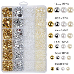 GZMAYUEN 920 pièces perles à dos plat or argent pour ongles, perles à ongles demi-brun blanc beige, petites perles à dos plat demi-brun pour décoration d'art d'ongle bricolage