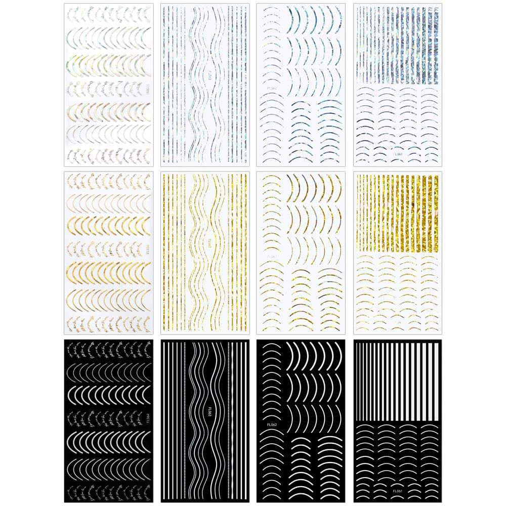 12 feuilles d'autocollants pour ongles auto-adhésifs lignes pailletées laser autocollants holographiques rayures bronze autocollants pour ongles ligne française arcs incurvés lignes ondulées autocollants pour ongles accessoires de nail art