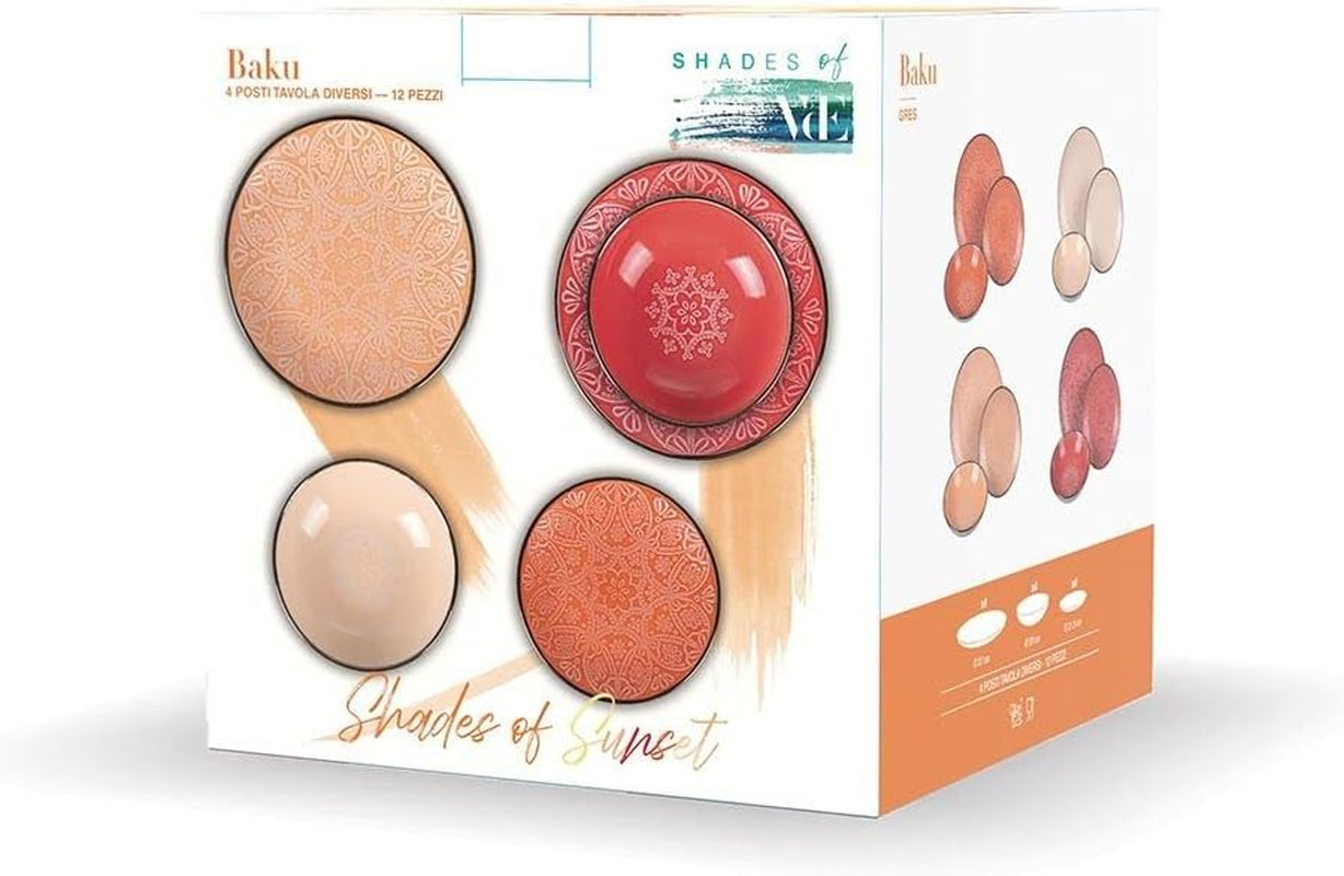 Service de table en grès 12 pièces, 4 assiettes en 4 designs différents, Baku Sunset