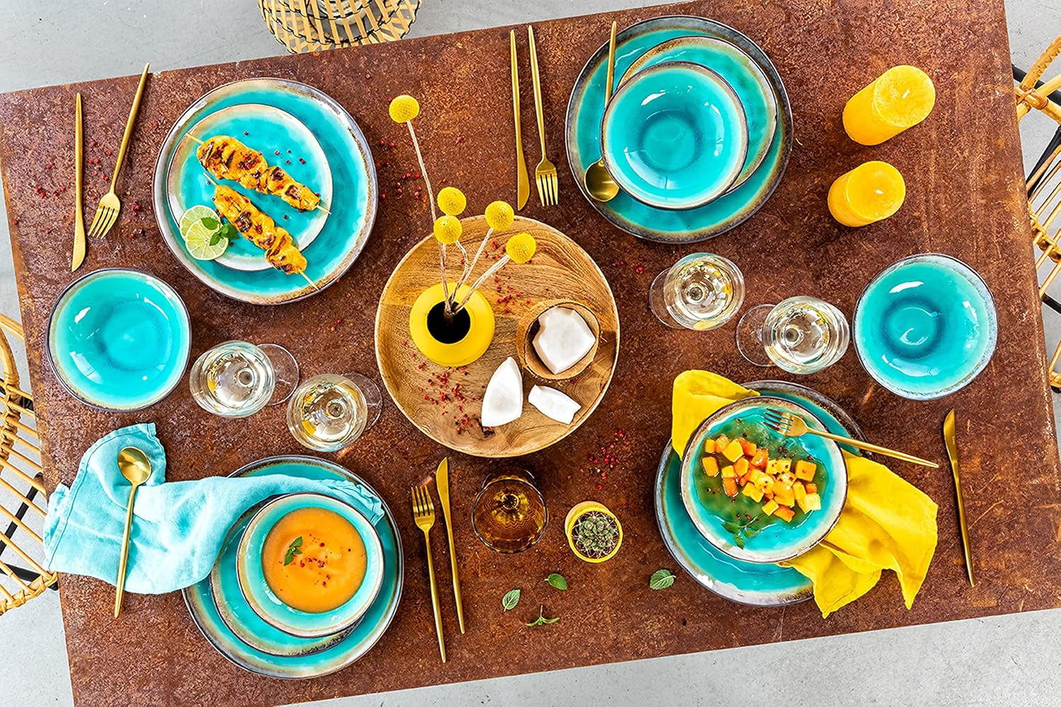 SÄNGER | Set de veselă Capri cu 12 piese, set de farfurii pentru 4 persoane, veselă din gresie, inclusiv farfurii de cină, farfurii de desert și farfurii de sumă, serviciu de cină turcoaz lucrat manual cu margine gri | COLECȚIA PREMIUM