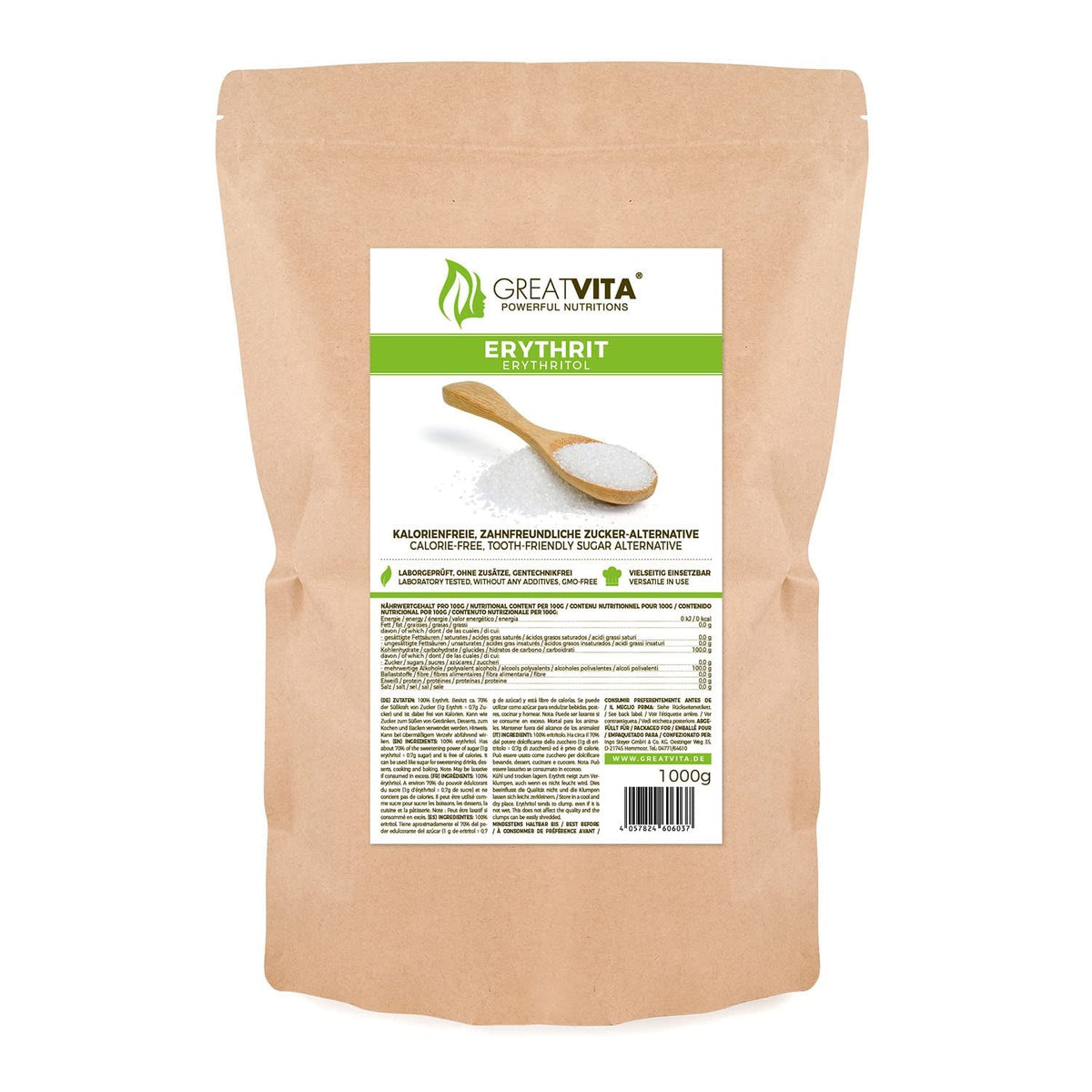 Greatvita Érythritol 1000 G | Süßungsmittel & Zucker-Alternative sans calories | Sans gluten, sans gluten et sans gluten | Idéal pour les desserts, les desserts et les édulcorants Naty Shop 1 Kg (1Er Pack)