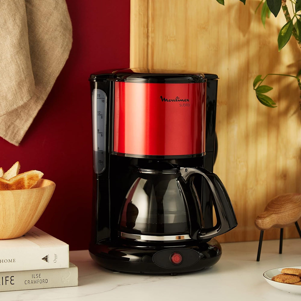 Machine à expresso Subito avec filtre, carafe en verre, 10-15 tasses, capacité 1,25 L, arrêt automatique, filtre amovible, indicateur de niveau d'eau, acier inoxydable, rouge/noir, FG360D