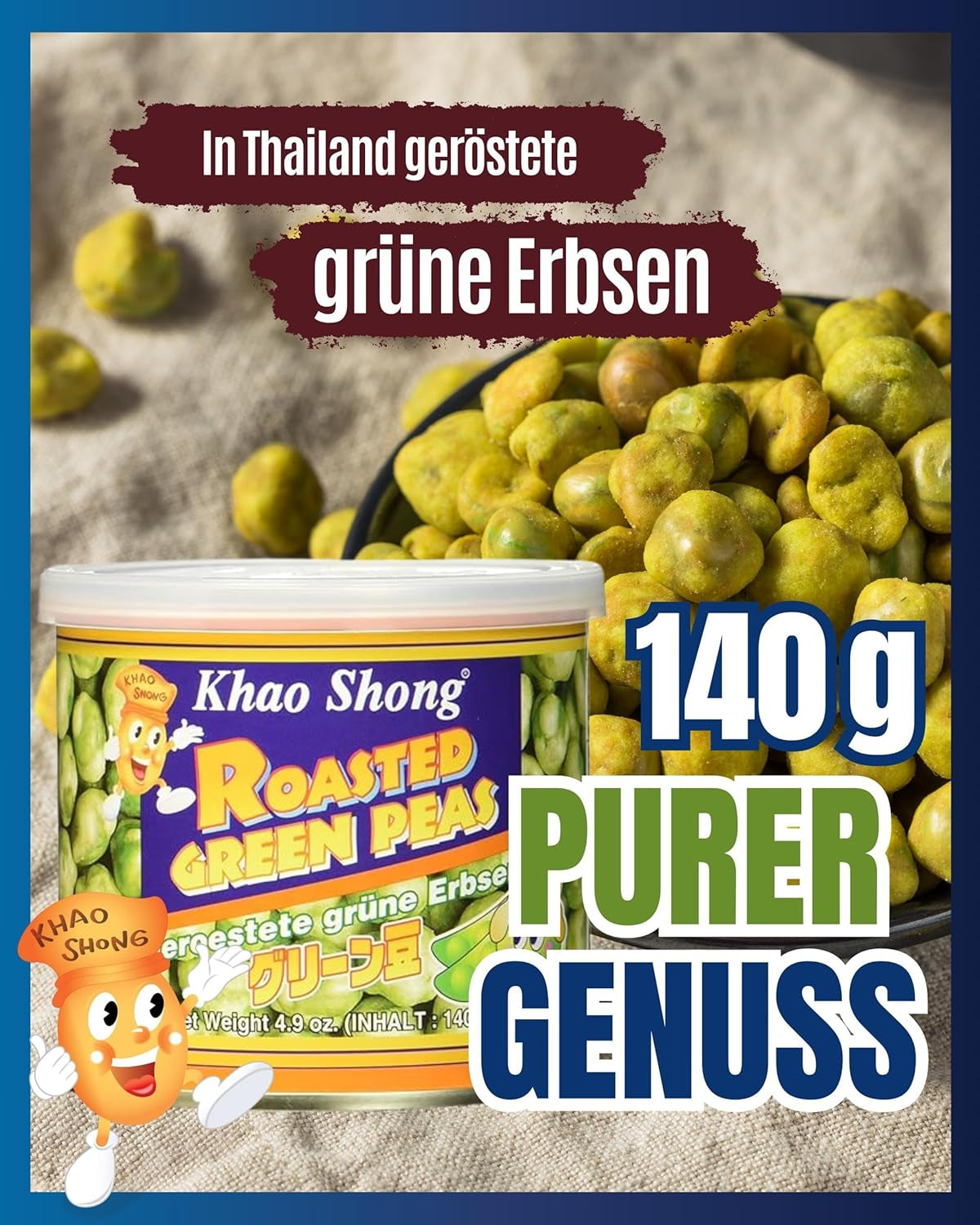 Khao Shong Pois verts frits au wasabi, pois croustillants dans une pâte épicée, une alternative faible en gras aux noix, moyennement épicé, 1 boîte de 140 g | 140 g (1 paquet)