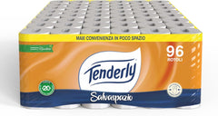 Gain de place, 96 rouleaux de papier toilette, 2 couches, 220 déchirures par rouleau, Aux extraits naturels de mauve et de calendula, Fabriqué en Italie, Testé dermatologiquement.