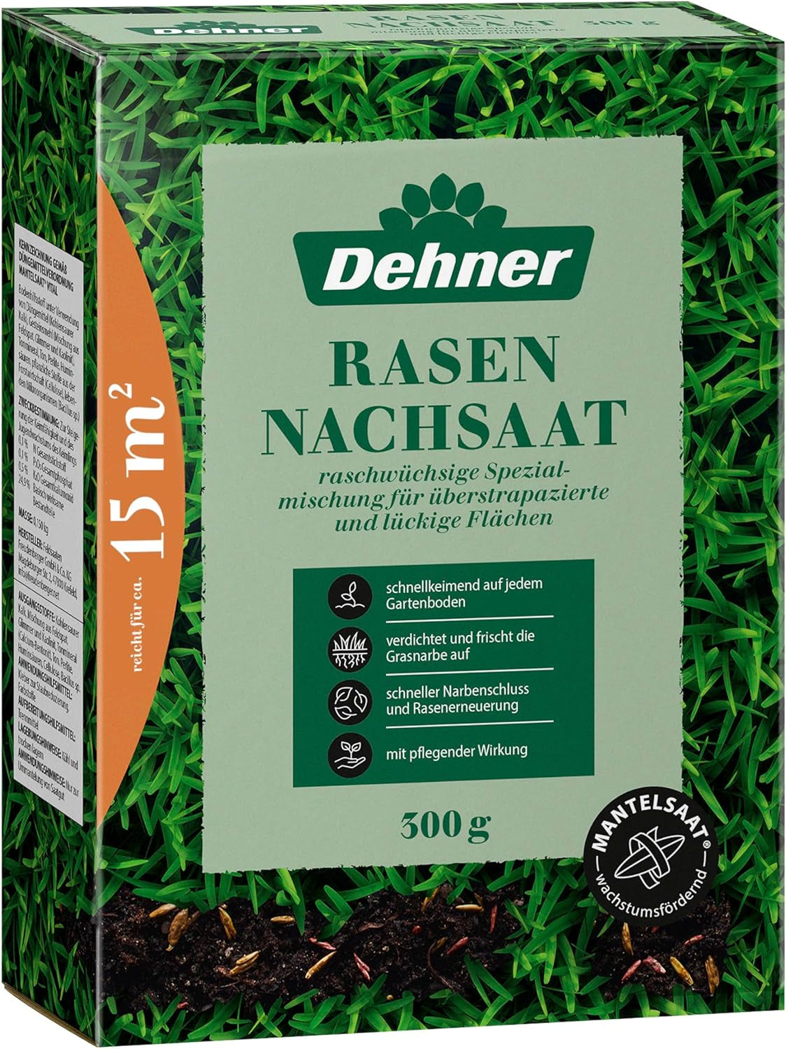 Dehner Saatgut Rasen-Nachsaat, Trockenrasen, Hochwertige Saatgutmischung, Raschwüchsig/Schnellkeimend, 300 G, Für Ca. 25 M², Natur