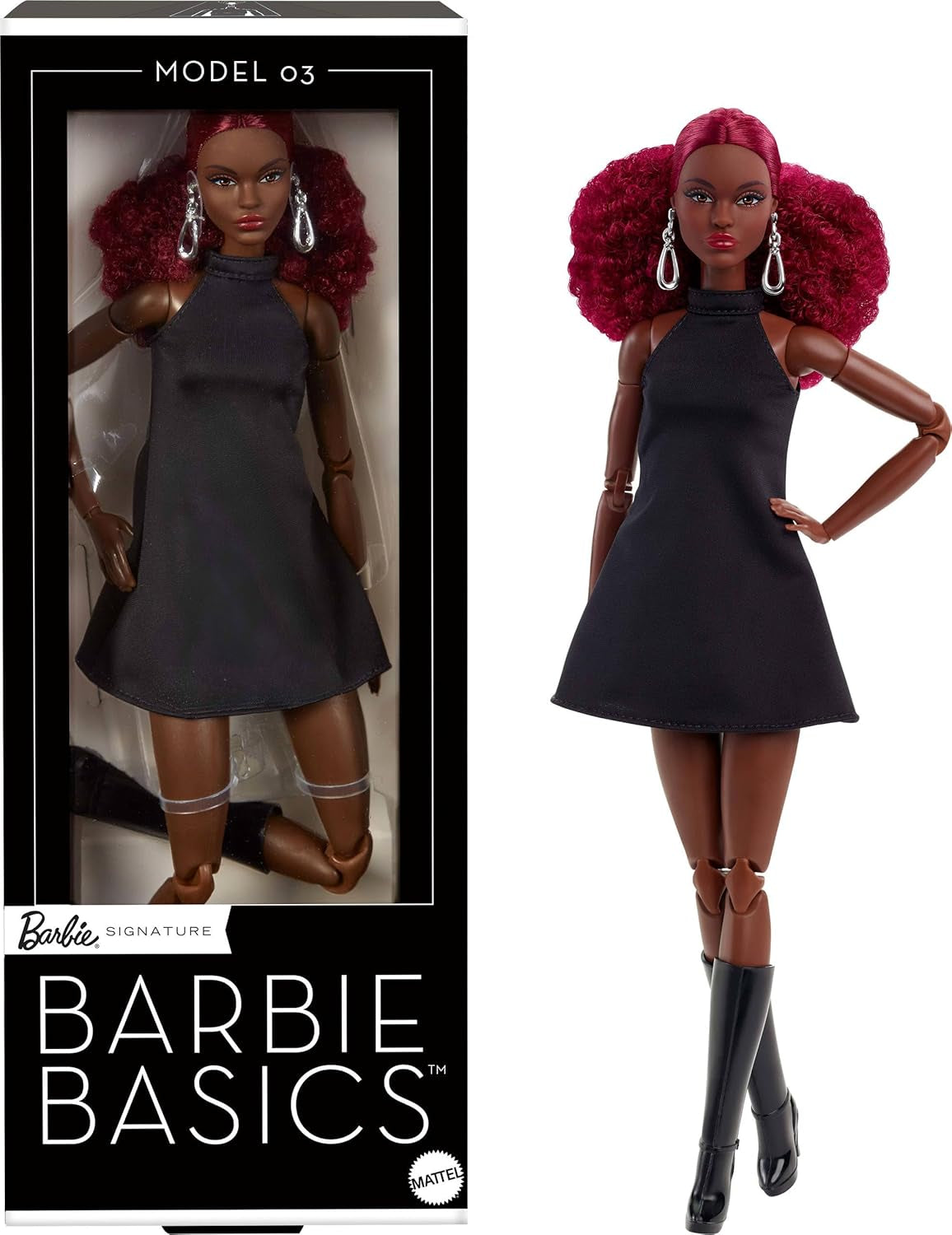 Barbie Basics - Poupée de collection modèle 3 avec boucles rouges, mini robe et bottes noires, taille unique, grand corps articulé et tête interchangeable, JBH75