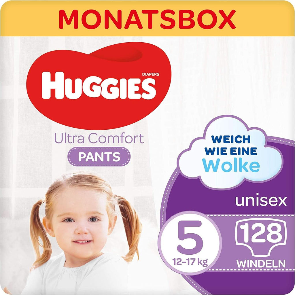 Huggies Ultra Comfort Pants, mărimea 5, 12 - 17 kg, Pentru copii activi, Cu indicator de umezeală și tehnologie cloud waistband, 128 scutece Mama si Copilul Naty Shop