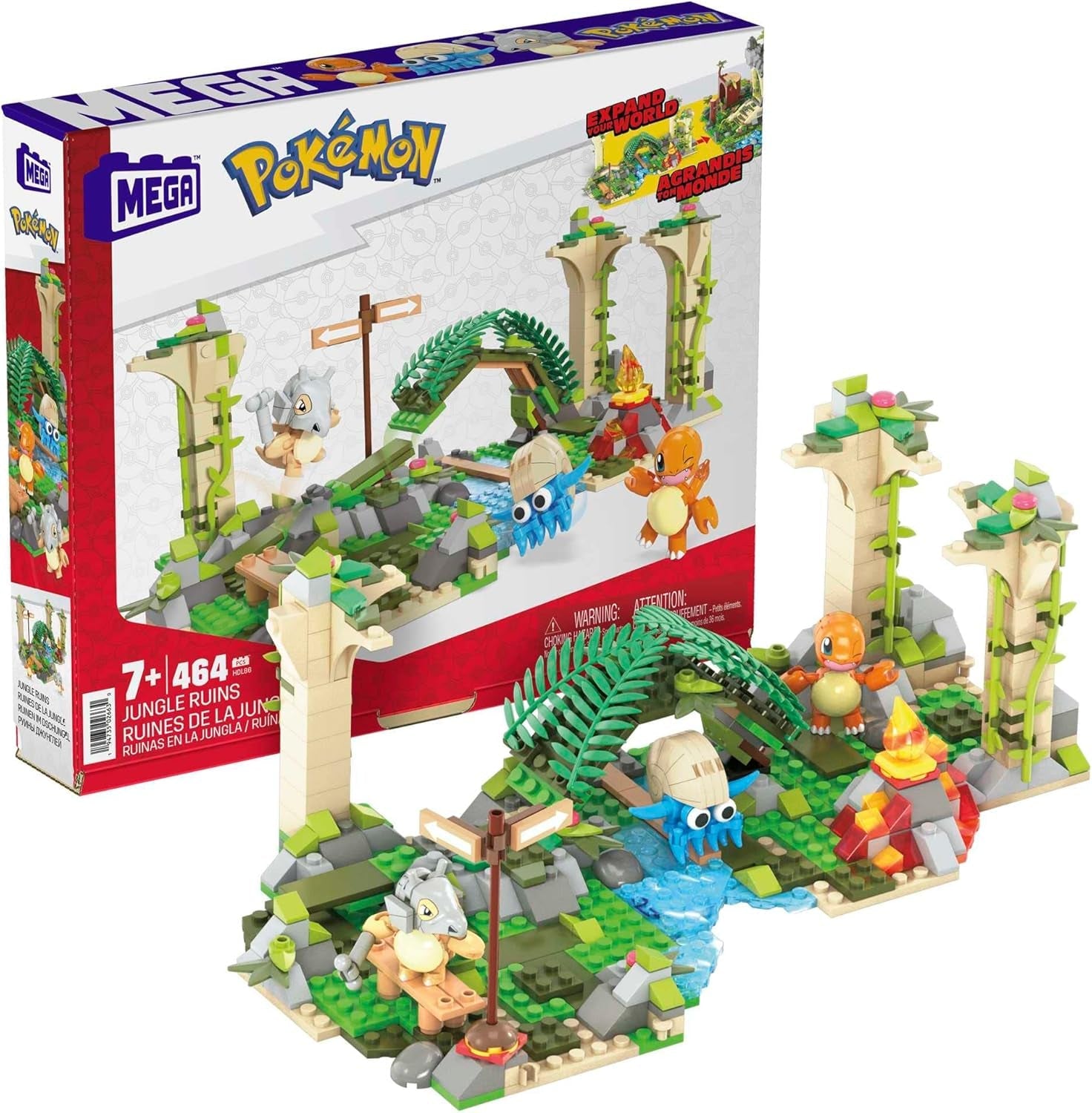 Mega Pokémon Figuren Bauset Dschungel Ruinen, 464 Teile, mit Glumanda, Tragasso und Amonitas-Figuren, Pokémon Spielzeug, Spielzeug ab 7 Jahren, HDL86