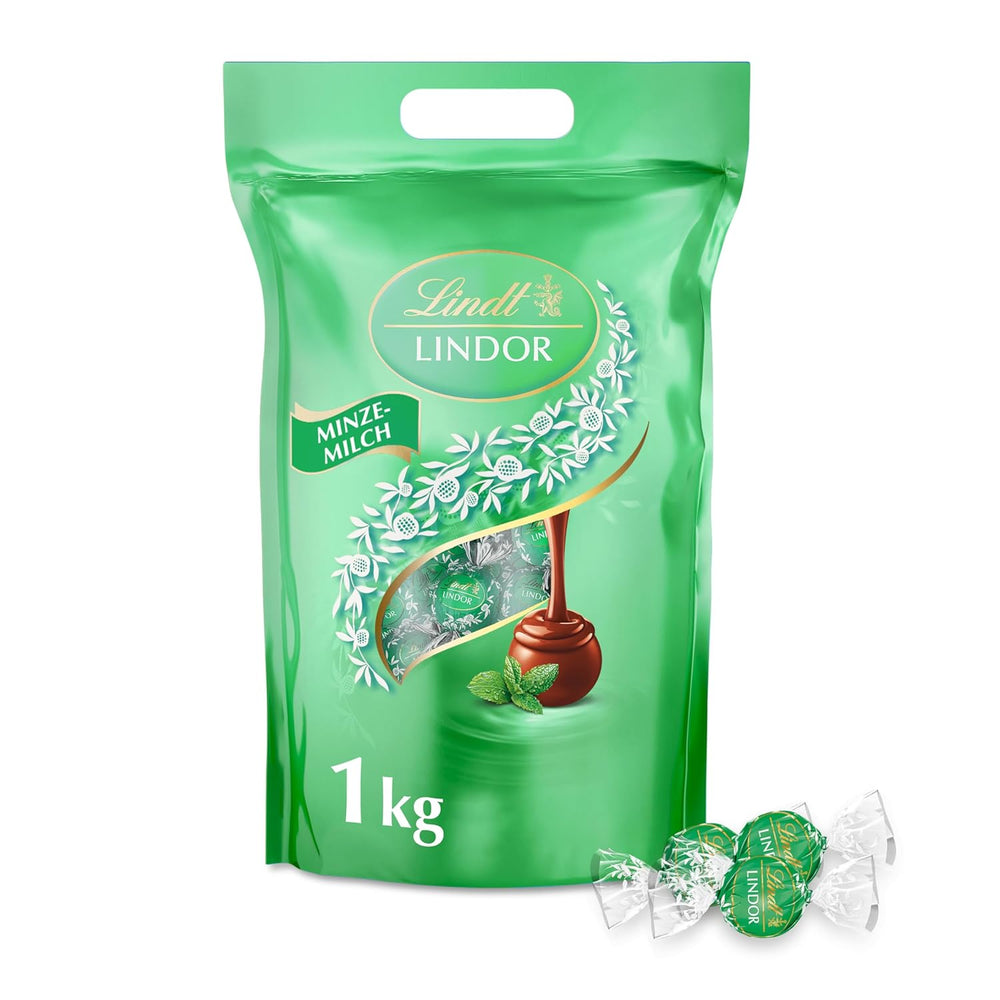 Lindt LINDOR Chocolat à la pistache | Sac refermable de 1 kg | env. 80 boules de chocolat au lait fourrées à la crème fondante à la pistache | Colis vrac, cadeau praliné