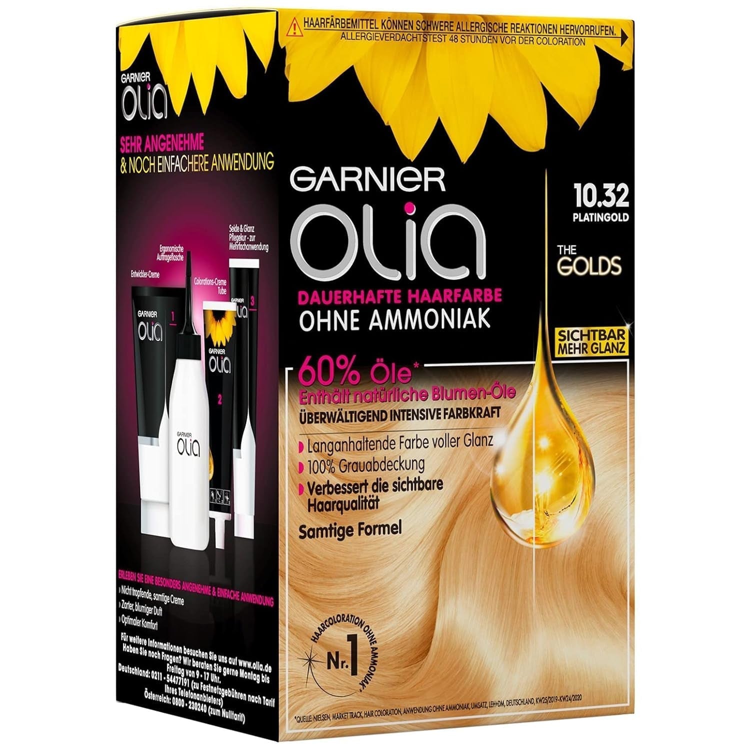 Garnier Olia Coloration permanente sans ammoniaque, Coloration nourrissante pour une couverture 100 % des cheveux gris, The Golds, 10,32 Platinum Gold (Blond), 3 pièces Naty Shop Hair Color