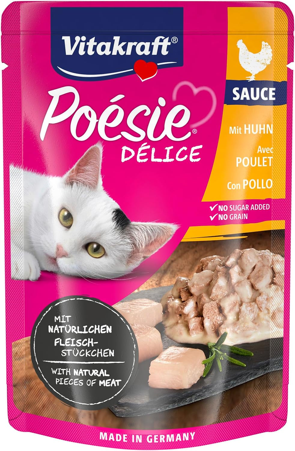 Vitakraft Poésie Délice, Nassfutter Katze, Katzennassfutter en sauce, avec poulet, Vorratspackung, ohne Zusatz von Zucker und Getreide (23x 85g)