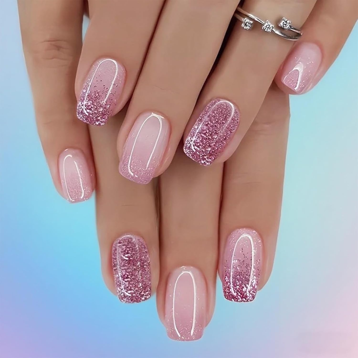 Ensemble de faux ongles adhésifs – Faux ongles français – 24 pièces, design carré court, ongles artificiels dégradés blanc et rose, manucure ballerine (dégradé rose court)