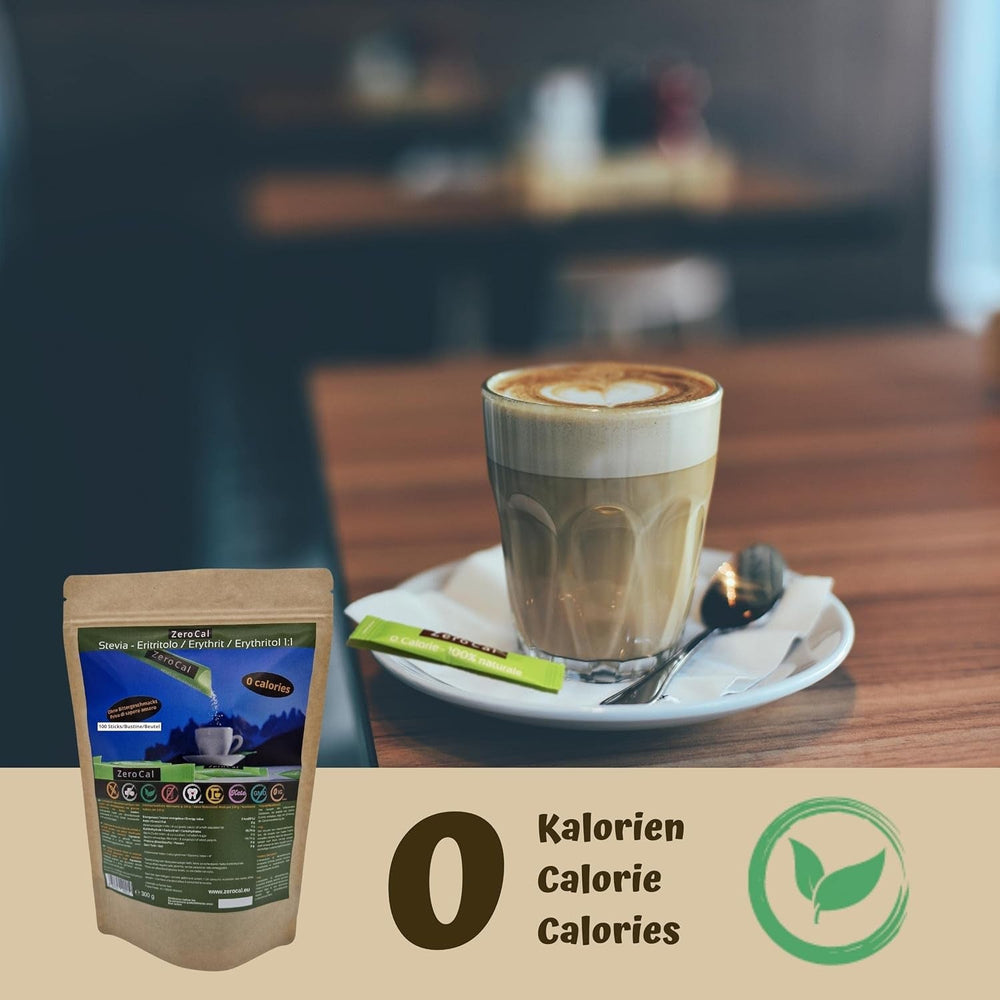 Zerocal - 1:1 (Érythritol + Stevia) 100 Sticks Je 3 G | Idéal pour sucrer le café, le thé et d'autres boissons Gleiche Süßkraft Von Zucker | Sans gluten, végétalien, sans OGM | Calorien et IG = 0 Édulcorants Naty Shop