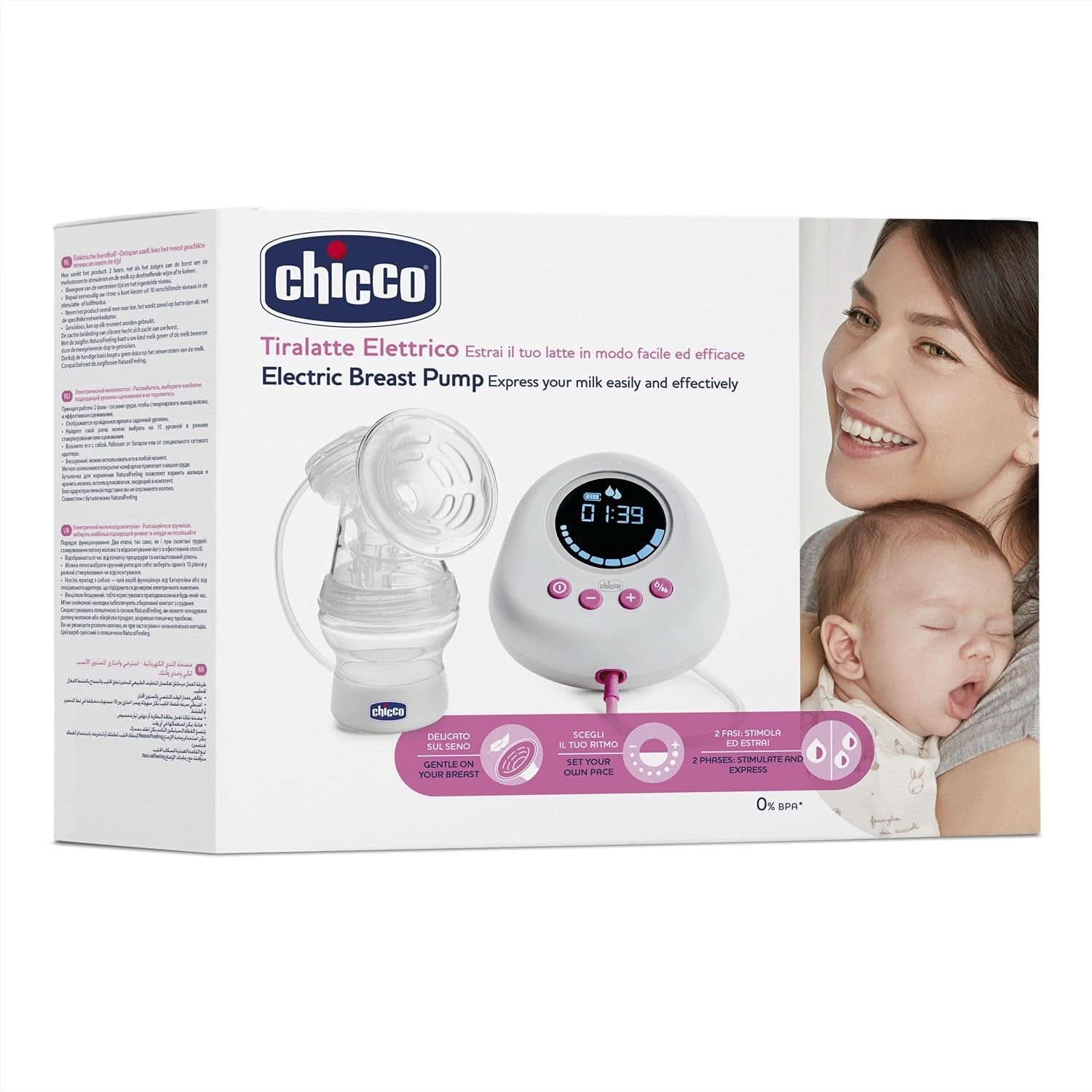 Tire-lait électrique Chicco avec phases de stimulation et d'extraction, 10 niveaux d'intensité, confortable et rapide, forme ergonomique, avec tétine inclinée et capuchon étanche, blanc, 150 ml Accessoires Alimentation et Allaitement Bebe Naty Shop