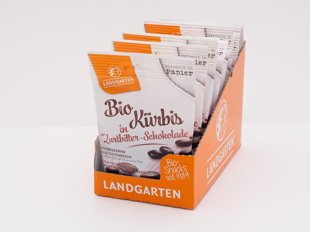 Landgarten Graines de citrouille biologiques au chocolat noir – Snack végétalien au chocolat aux graines de citrouille rôties – Source de magnésium – 1 x 50 g