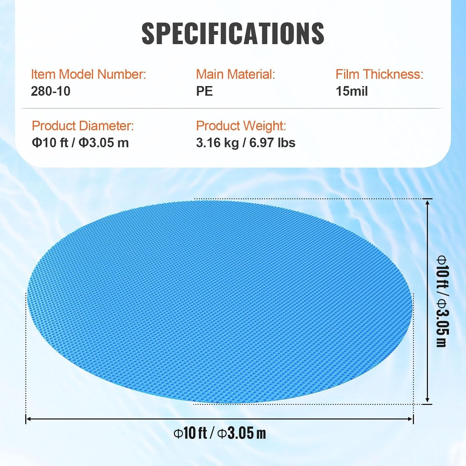Prelată solară pentru piscină VEVOR, prelată solară rotundă de Φ3,05 m pentru piscine, prelată solară pentru piscine supraterane, prelate solare albastre de 15 mil